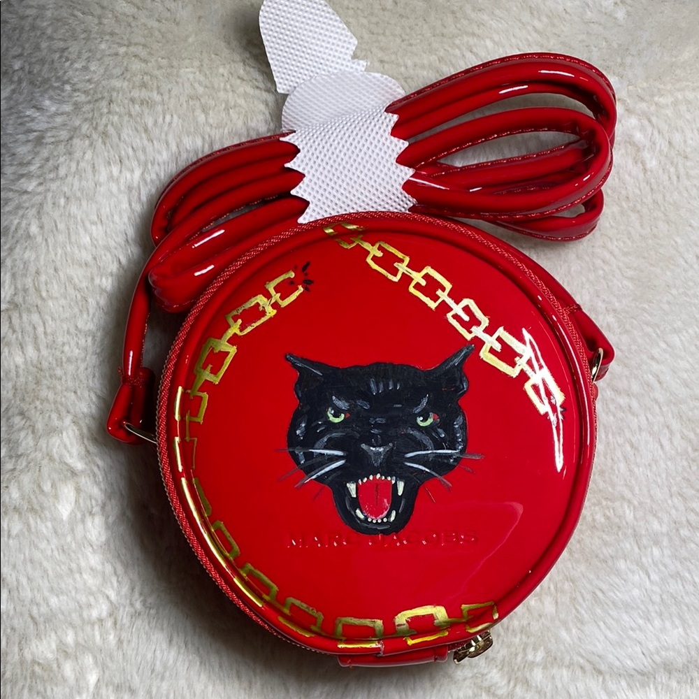 Hand Painted Black Panther Round Micro Bag Patent Leather NEW ‘UNCHAINED’